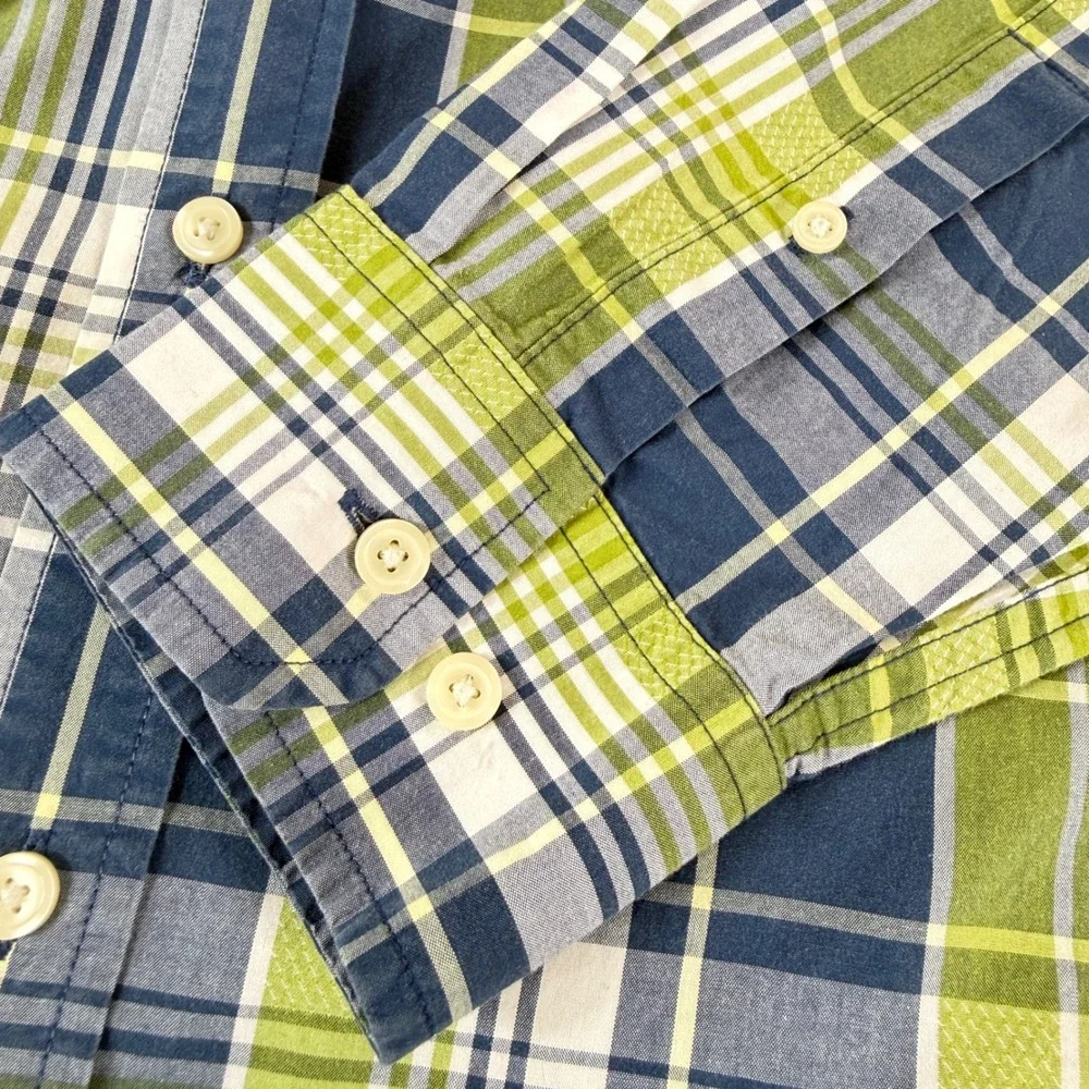 Banana Republic Men L Button Up Long Sleeve Shirt Blue Green Plaid Classic Prep